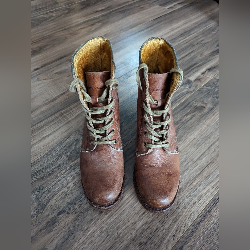 Frye Tan Leather Lace-Up Heeled Boots
